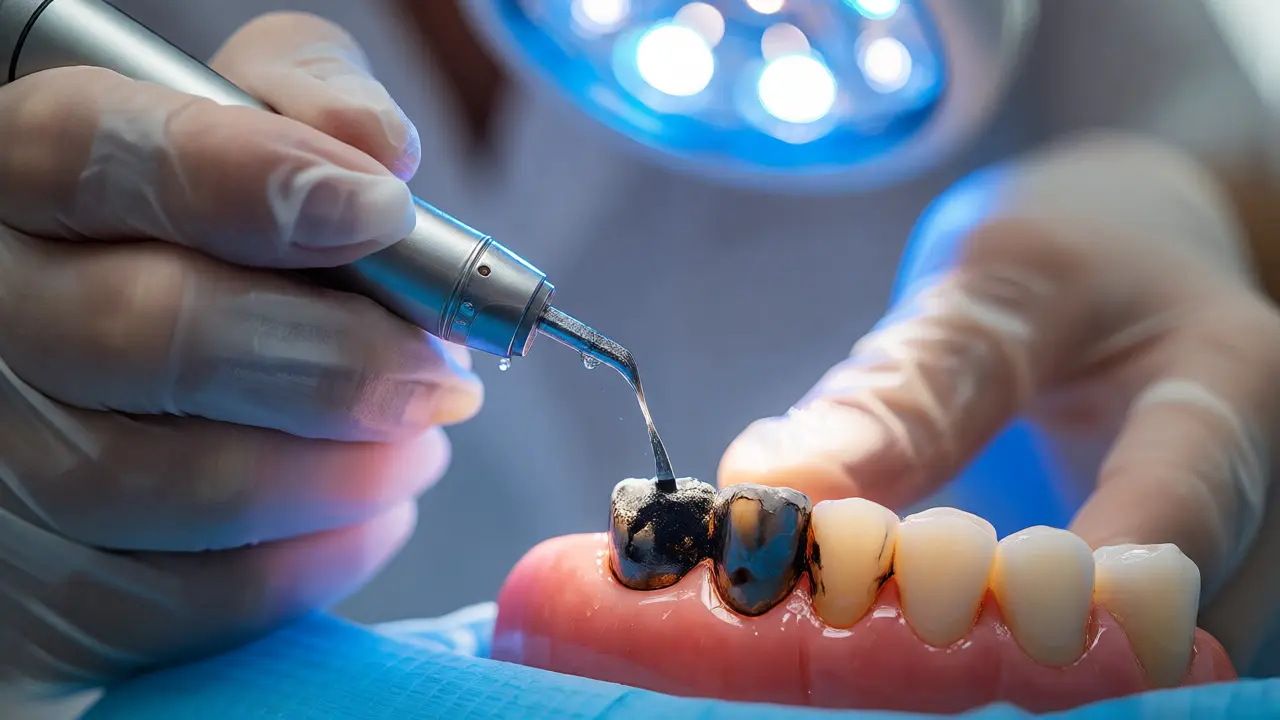 Dentální hygienistka odstraňuje černý zubní kámen ultrazvukovým přístrojem