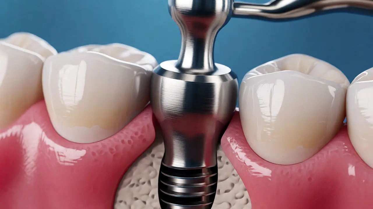 Detailní pohled na zavádění titanového zubního implantátu do kosti