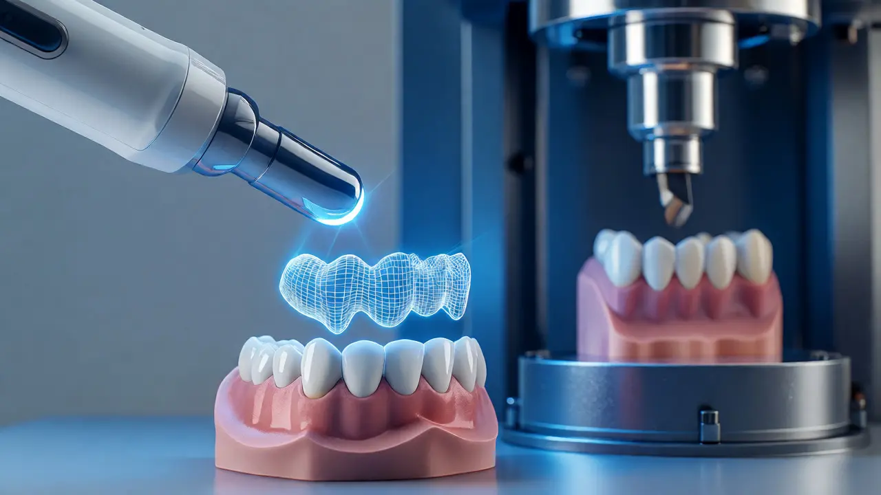Digitální skenování zubů a výroba kompozitního onlayu technologií CAD/CAM.