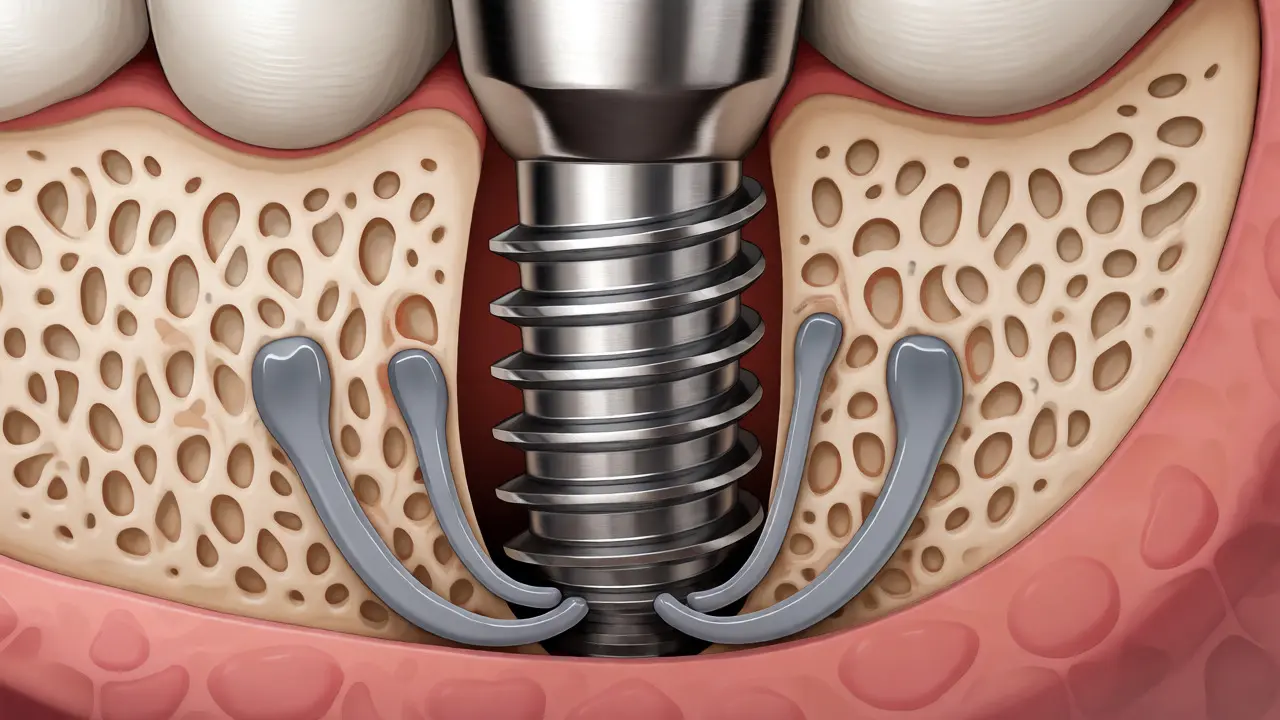 Ilustrace osteointegrace titanového implantátu prorůstajícího do čelistní kosti