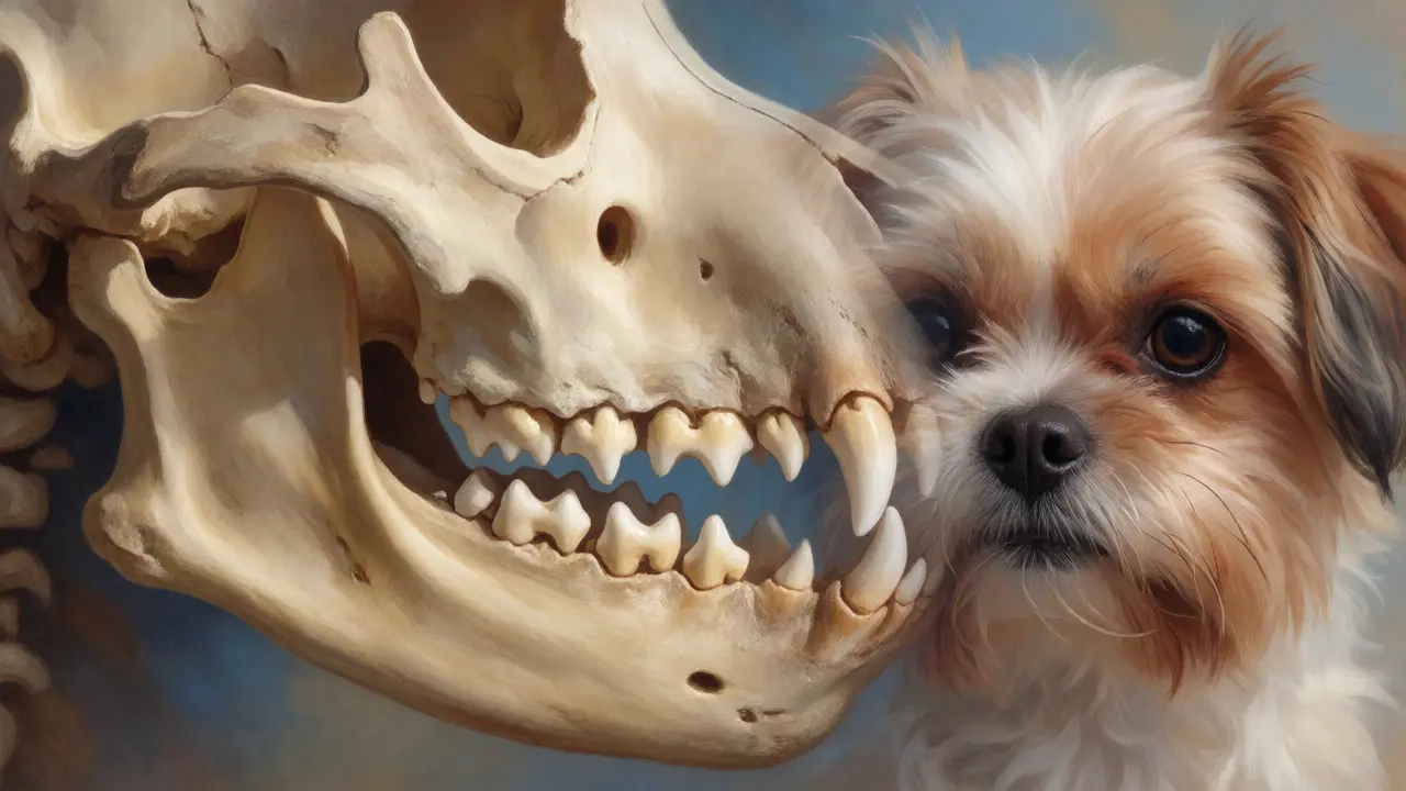 Ilustrace porovnání zdravého a přeplněného psího chrupu vlivem genetiky a stravy.