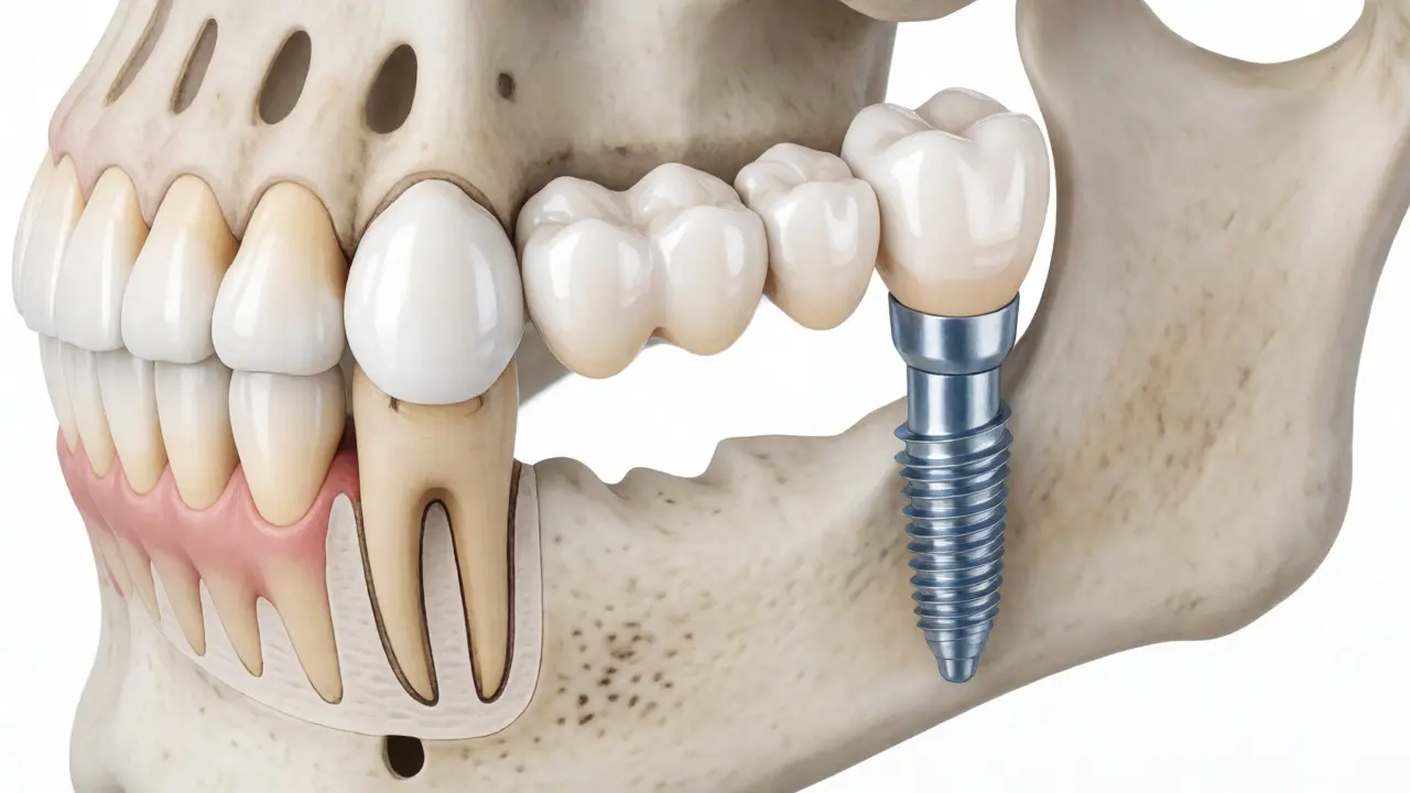 Medicínská ilustrace porovnávající korunku, můstek a zubní implantát v čelisti