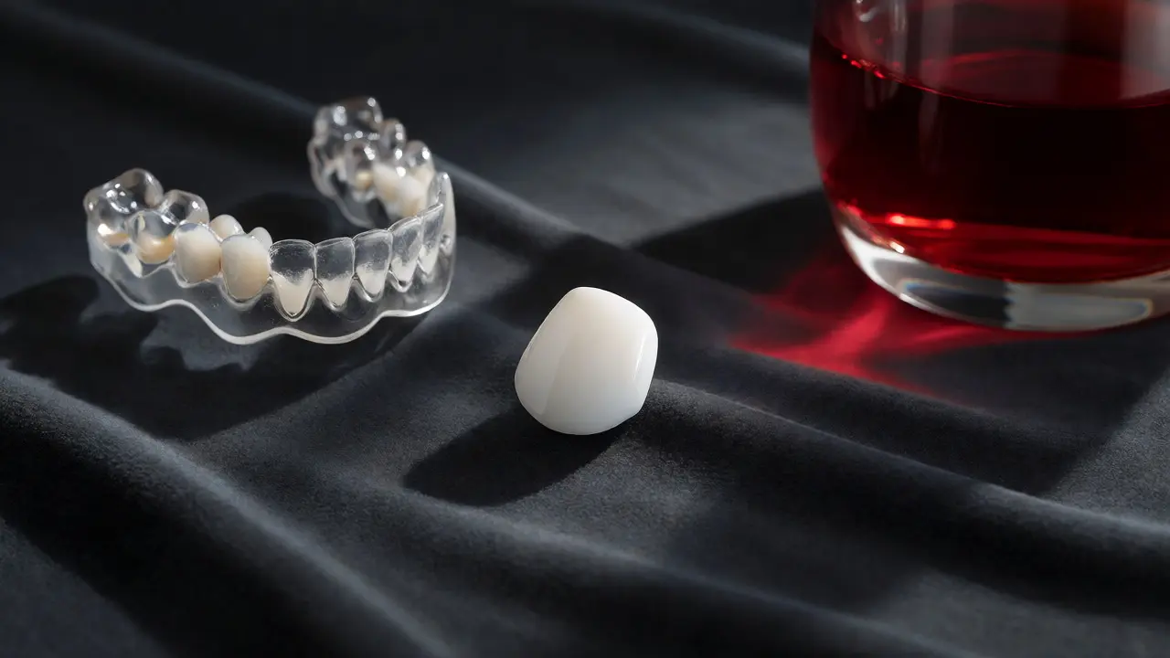 Porcelánová fazeta vedle noční dlahy a sklenice vína