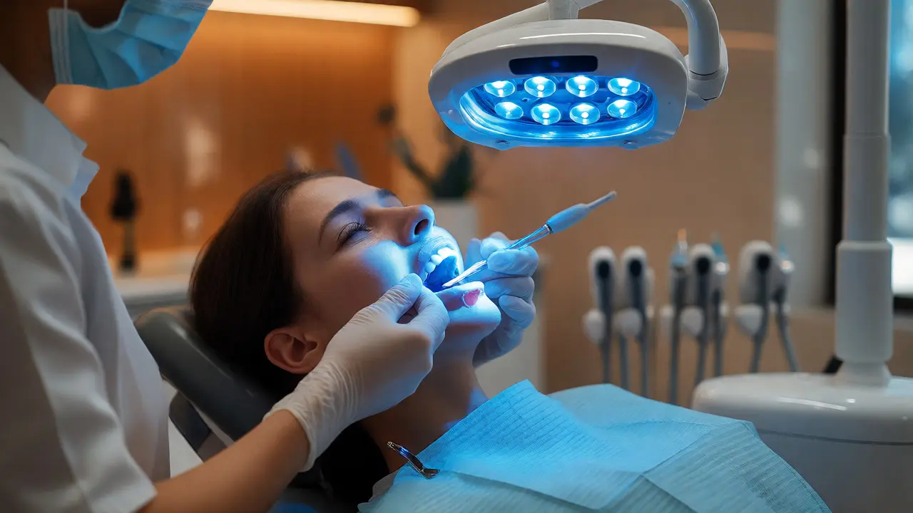 Profesionální bělení zubů v ordinaci pod LED světlem