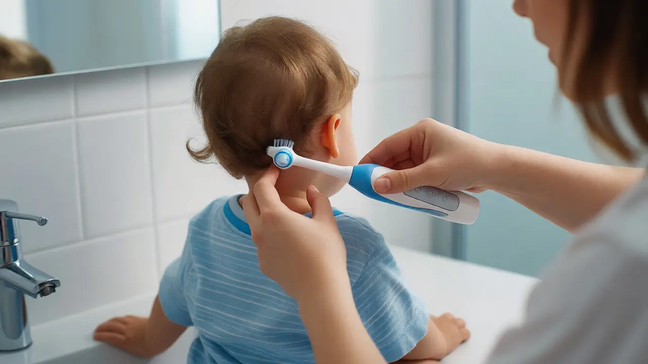 Rodič čistí zuby malému dítěti elektrickým kartáčkem