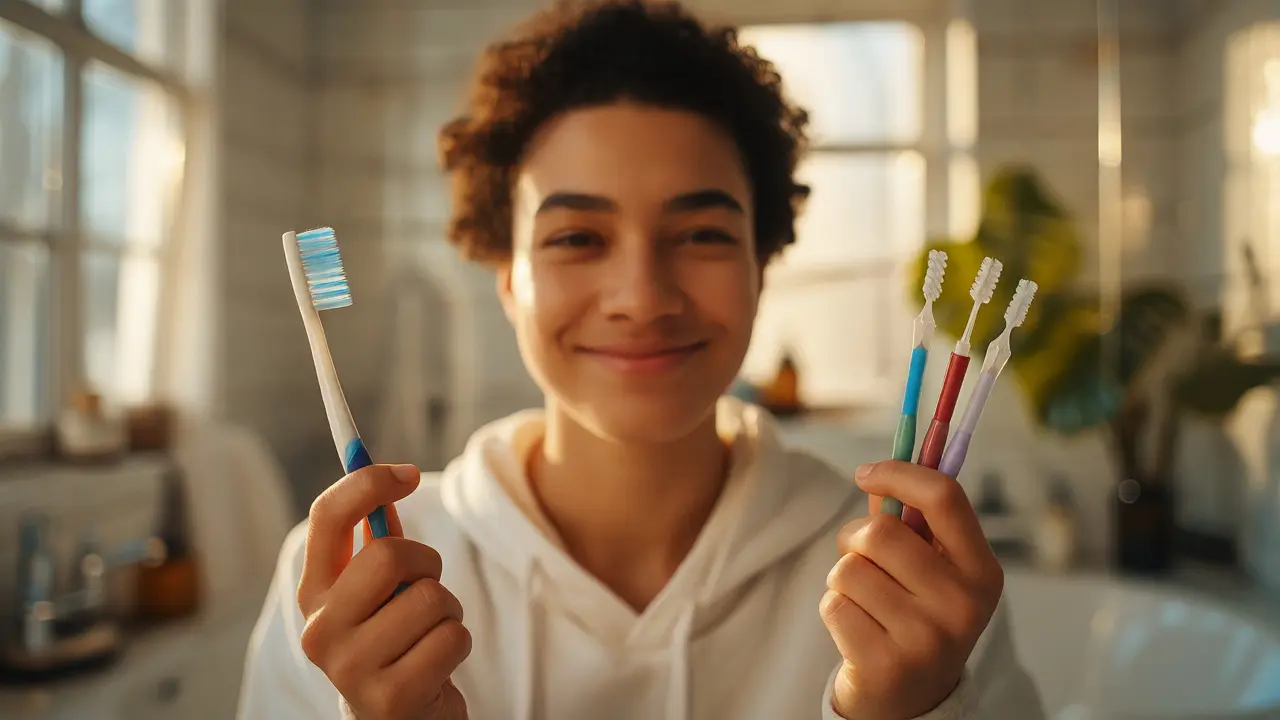 Úsměv po dentální hygieně s kartáčkem na zuby v ruce