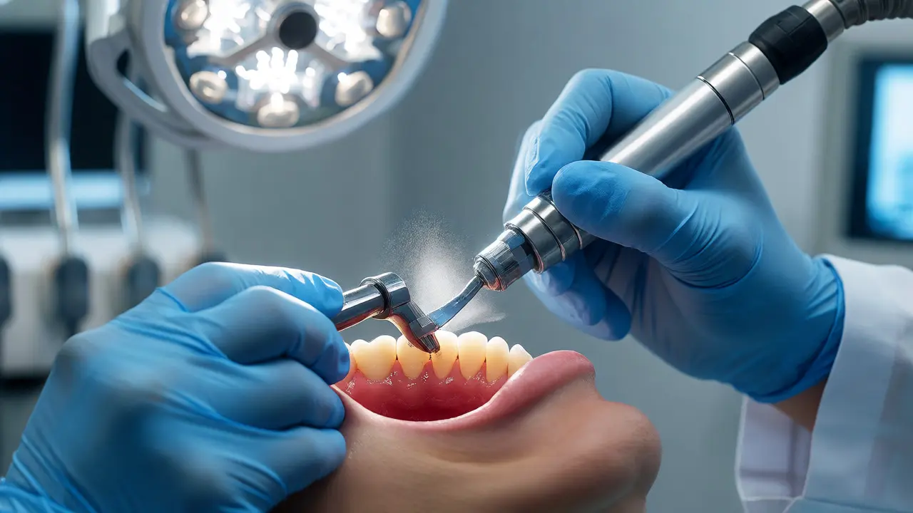 Zubní lékař odstraňuje kámen ultrazvukovým přístrojem v ordinaci