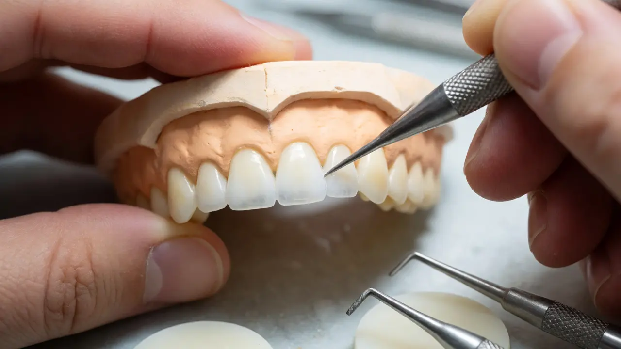Zubní technik v laboratoři ručně tvaruje tenkou porcelánovou fazetu na modelu zubů