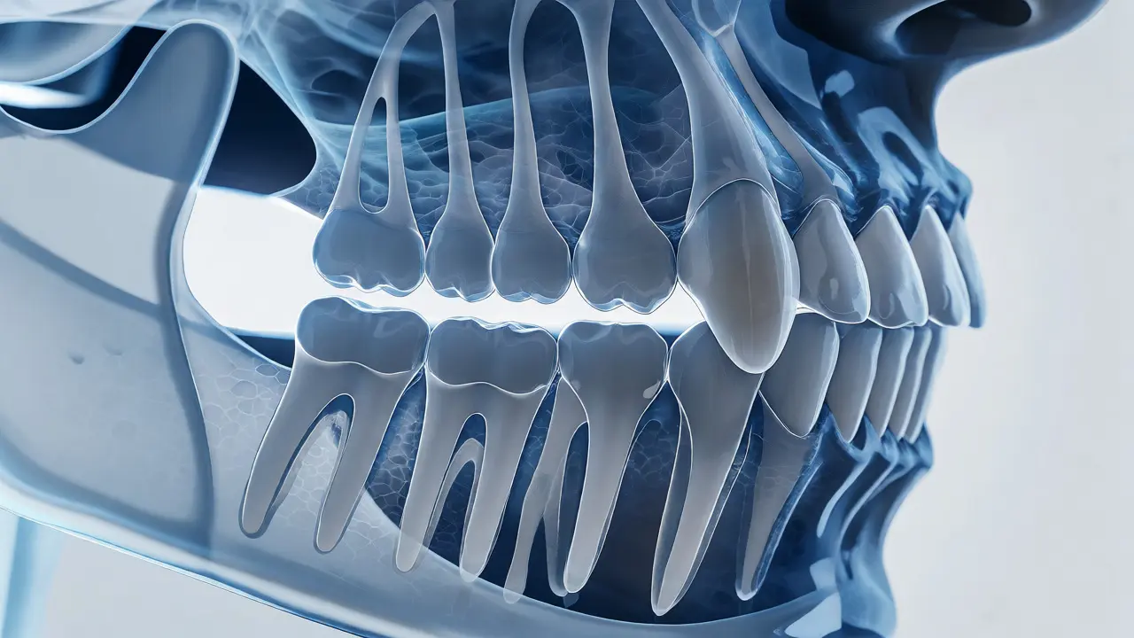 Anatomická ilustrace špičáků jako kotev čelisti při bočním pohybu