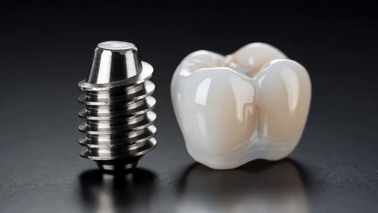 Detailní makro fotografie titanového zubního implantátu a keramické korunky na tmavém pozadí.