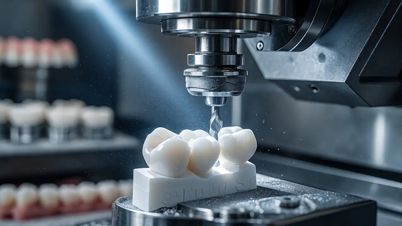 Frézování zirkonové korunky v zubní laboratoři