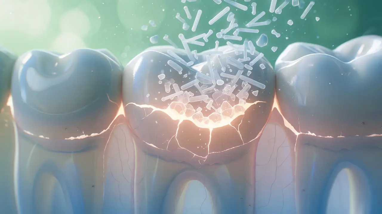 Ilustrace remineralizace skloviny pomocí krystalů hydroxyapatitu