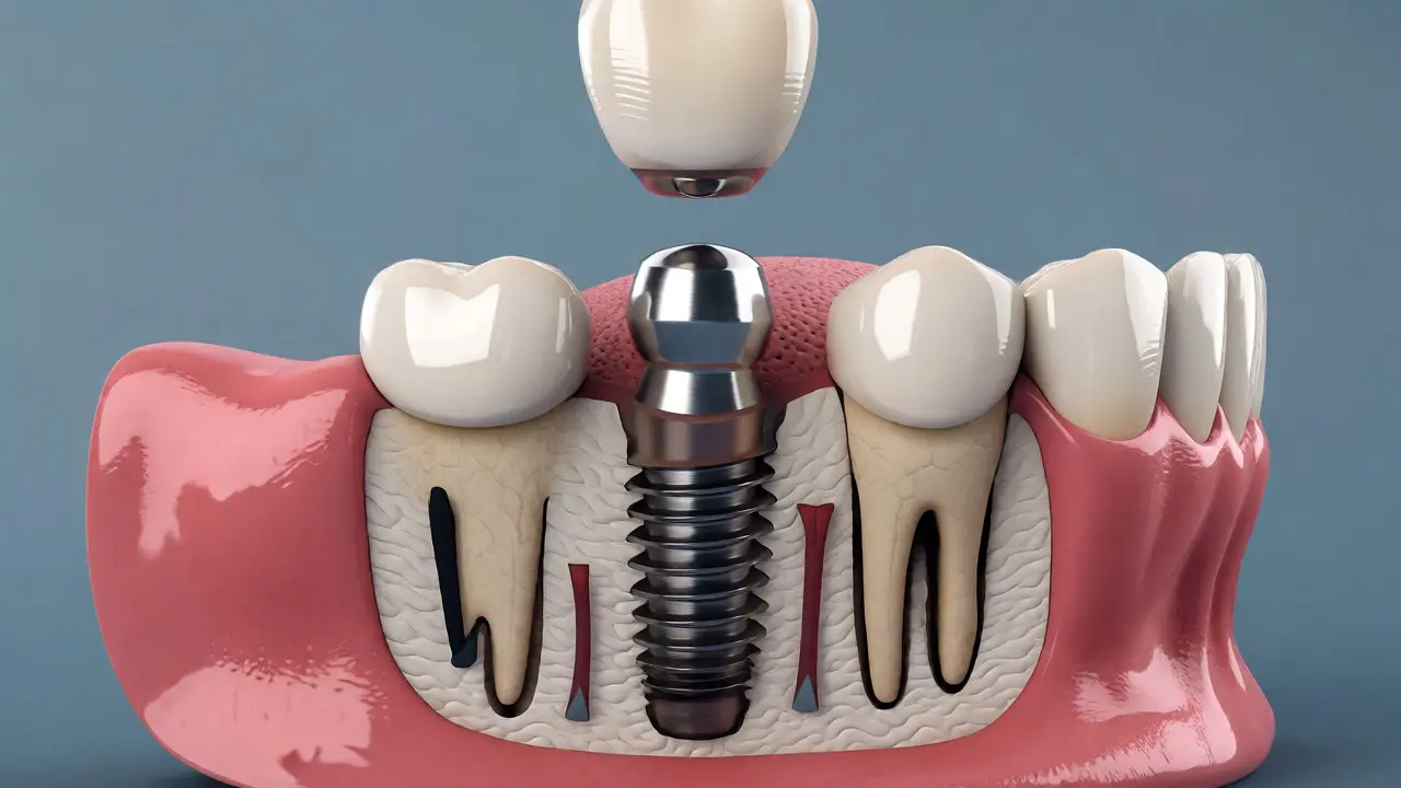 Lékařská ilustrace zubního implantátu v čelisti