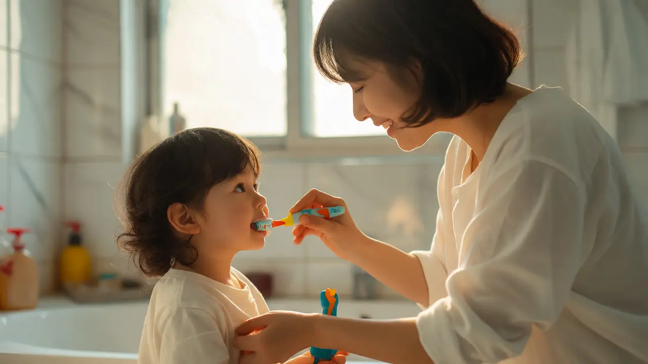 Matka čistí zuby svému dítěti v koupelně jako součást preventivní péče