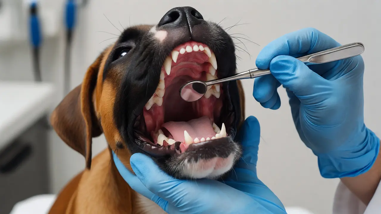 Veterinář zkoumá chrup štěněte boxerů pro kontrolu vývoje zubů.