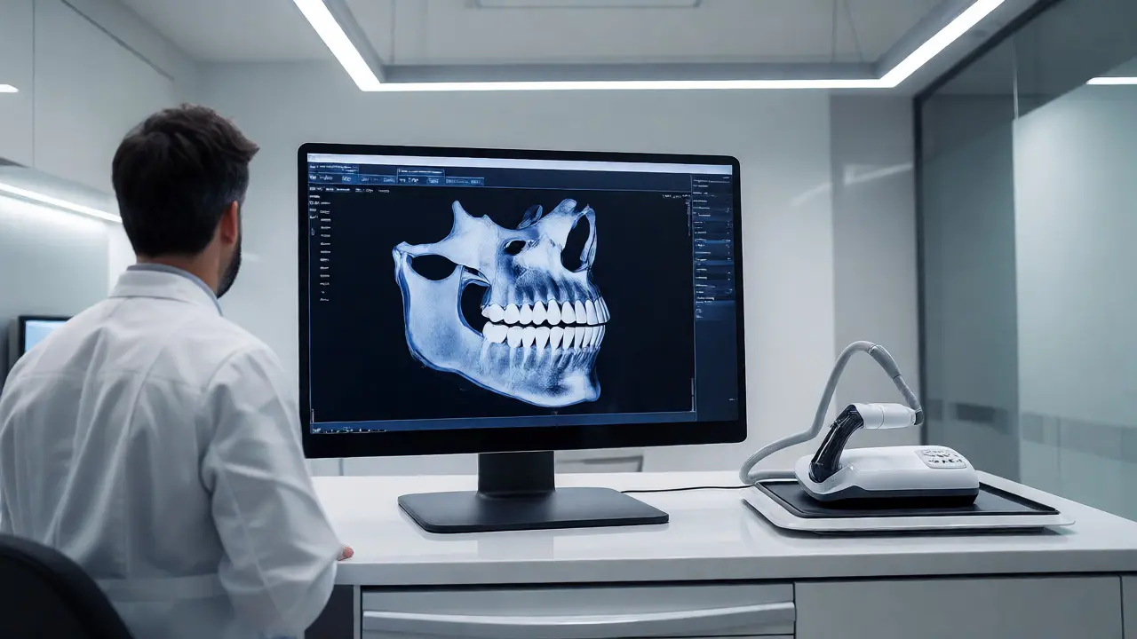 Zubní lékař před monitorem zobrazujícím detailní 3D CT snímek čelisti v moderní ordinaci.
